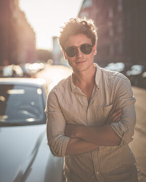 A stylish young man in sunglasses stands confidently next to a car on a sunlit city street, arms crossed, with a relaxed smile.