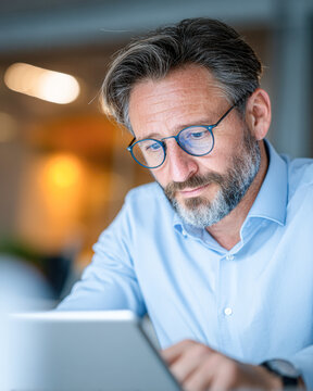 A mature man with glasses, wearing a blue shirt, is focused while working on a tablet in a well-lit modern setting.