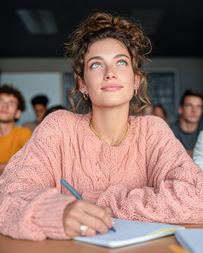 A young woman in a pink sweater attentively takes notes in a classroom, surrounded by other students, looking inspired and focused.