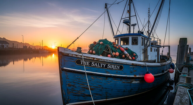 Fishing trawler boat at sunset docked in harbor isolated on transparent background
