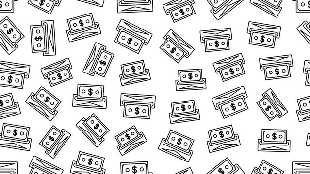 Seamless pattern featuring a clean line icon of a dollar note being withdrawn from an ATM on a transparent background for banking, finance, and business designs. Modern business pattern backgrounds.