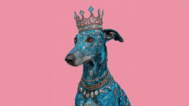 A surreal blue dog wearing a crown on its head, set against a pink background.