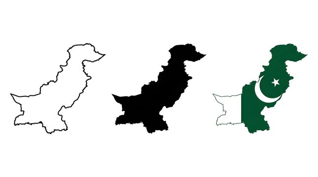Pakistan map silhouettes set with outline black shape and national flag pattern