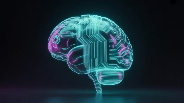 3D rendering of a human brain with digital neural network connections, rendering