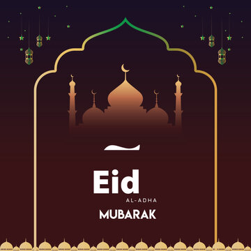 Eid al-Adha Mubarak celebration with lanterns, crescent moon, and mosque silhouette

