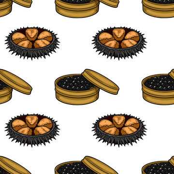Seamless vector pattern of sea urchin roe and caviar in wooden boxes