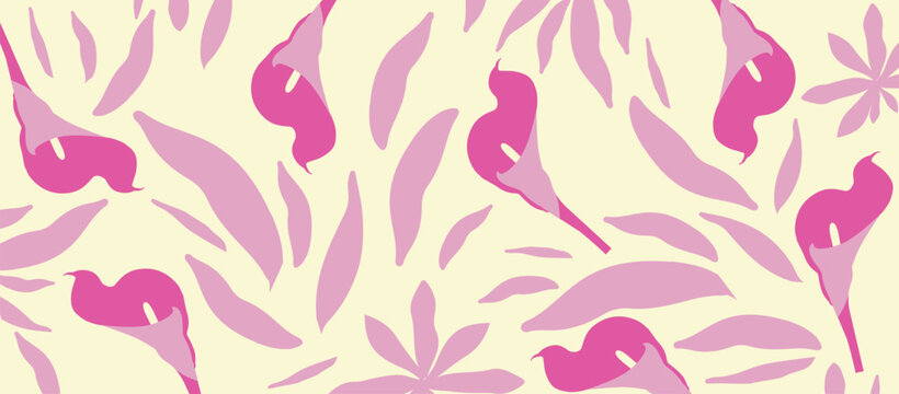 Seamless Vector Floral Pattern with Elegant Pink Calla Lilies and Abstract White Leaves on Soft Pastel Background for Textile and Wallpaper Design