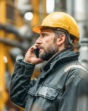 A construction worker wearing a yellow hard hat and protective jacket talks on a mobile phone at an industrial site.