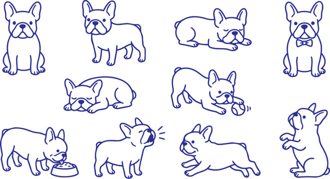 French Bulldog Dog Line Art Vector Set with Various Poses