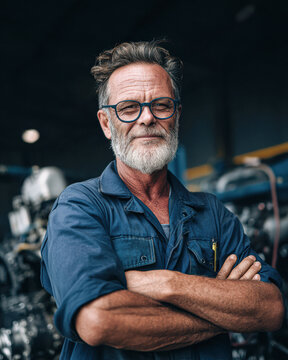 A mature man with glasses and a beard stands confidently in a workshop, wearing a blue coverall with machinery in the background.