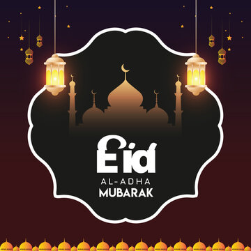 Eid al-Adha Mubarak celebration with lanterns, crescent moon, and mosque silhouette
