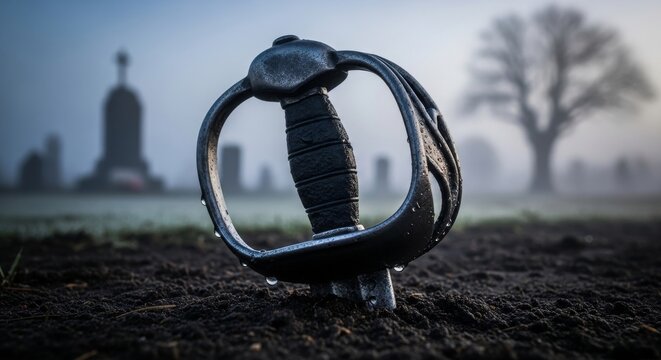 Twisted and blackened sword hilt protruding from soil