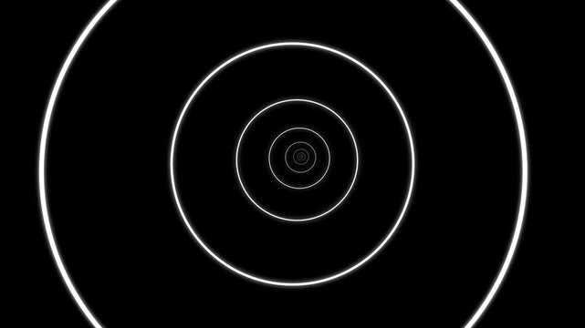 Endless tunnel of glowing white concentric circles against a deep black background creating a hypnotic visual effect