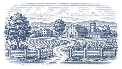 Naklejka premium Vintage farm landscape with barn, silo, farmhouse, and fields in black and white. Woodcut engraving illustration.