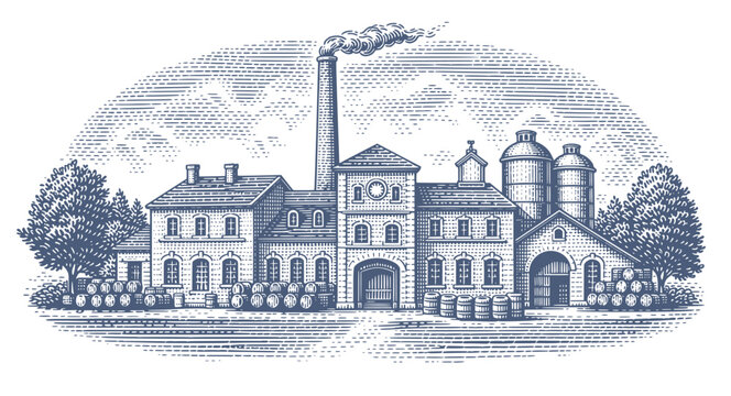 Vintage brewery building with smoking chimney and barrels outside. Woodcut engraving illustration.