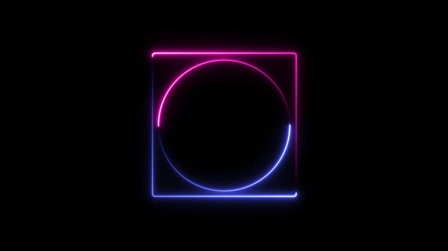 Interlocking neon square and circle forms glowing in electric blue and magenta against a void black canvas symbolizing connection and digital interfaces