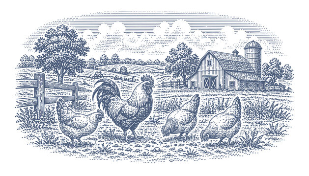 Vintage farm scene with a rooster and hens foraging near a barn and silo. Woodcut engraving illustration.