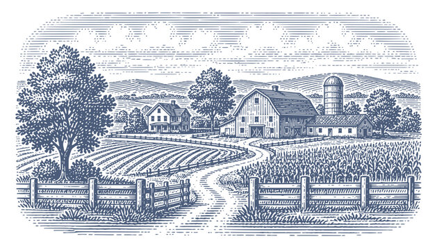 Vintage farm landscape with barn, silo, farmhouse, and fields in black and white. Woodcut engraving illustration.