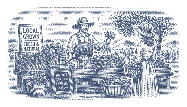 Farmer selling fresh produce at a vibrant outdoor market stall. Woodcut engraving illustration.