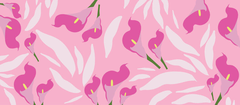 Seamless Vector Floral Pattern with Elegant Pink Calla Lilies and Abstract White Leaves on Soft Pastel Background for Textile and Wallpaper Design