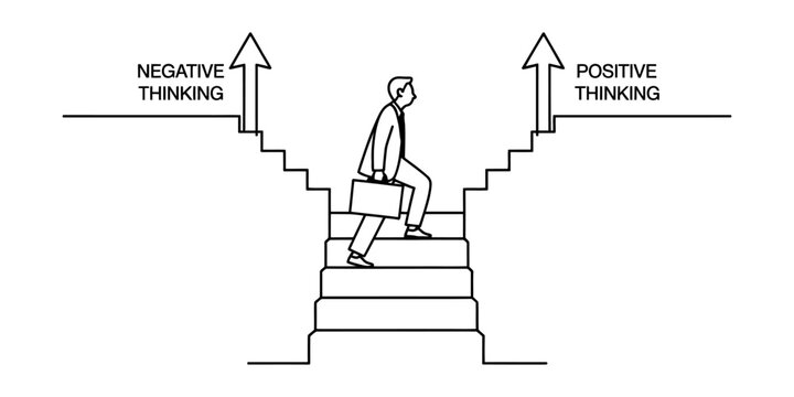 Man climbing stairs from negative thinking towards positive thinking, business concept