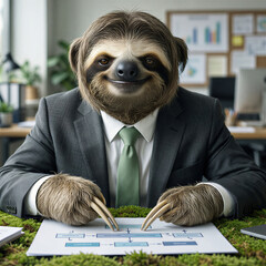 Fototapeta premium A shaggy gray-brown sloth with gentle smile in a relaxed suit sits pointing at a flowchart with steady dark eyes, showing complete business focus in soft serene office light.