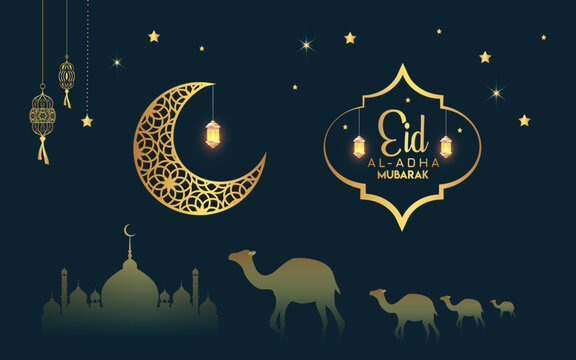 Eid al-Adha Mubarak celebration with lanterns, crescent moon, and mosque silhouette
