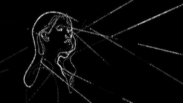 Embodied AI formed by acquiring data.
A minimalist line-art animation of a woman&rsquo;s head formed by flowing streams of binary code.