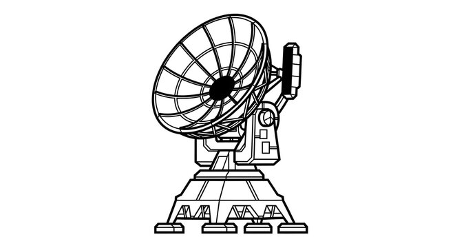 Satellite Dish and Radio Telescope Vector Line Art Illustration, Communication Antenna Graphic Isolated on White Background for Science and Technology Concepts