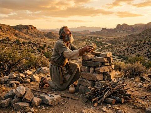Noah building stone altar looking to heaven at sunset
