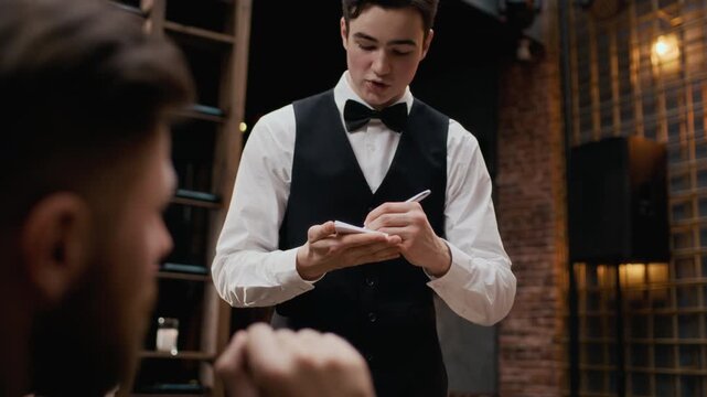 Handheld slowmo shot of smiling young Caucasian waiter in classic suit vest taking order from male and female guests sitting at table spending evening in luxurious restaurant