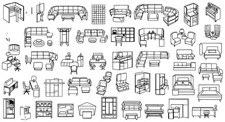 Obraz premium collection of modern furniture and office cubicles in a technical drawing style