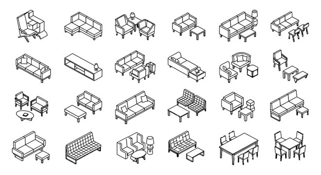 isometric line art furniture set for interior design planning and visualization