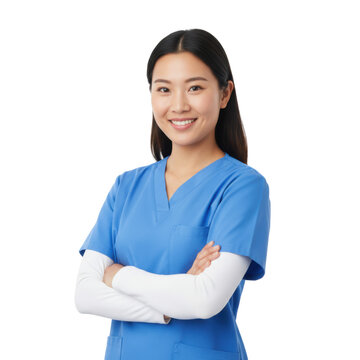 Asian female nurse in blue medical scrubs standing with arms crossed against a plain white studio background, capturing a professional healthcare worker atmosphere