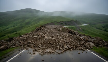 Naklejka premium Massive mudslide on hillside road blocking traffic in green mountains during rainy weather for natural disaster and infrastructure damage concept