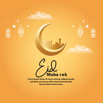 Eid al-Adha Mubarak celebration with lanterns, crescent moon, and mosque silhouette

