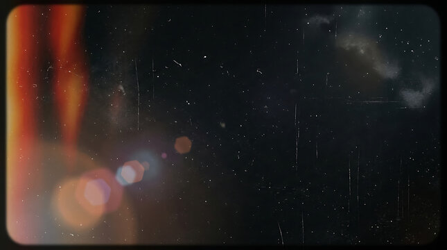 Vintage film dust and scratches with cinematic lens flare effect and film grain texture for retro background and graphic design