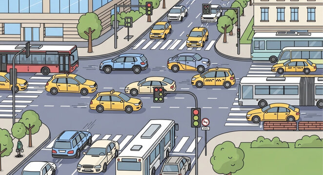 Busy City Street with Traffic and Pedestrians Crossing.