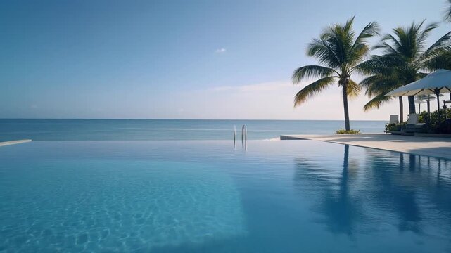 Stunning infinity pool by the tropical ocean, framed by palm trees under a clear sky, offering a luxurious vacation paradise for relaxation
