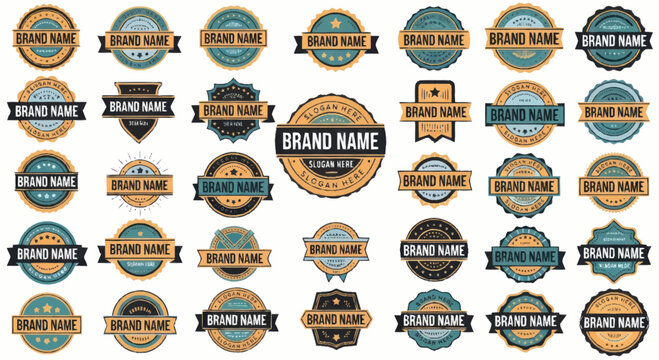 Collection of vintage brand name logos and badges.