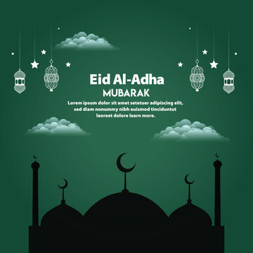 Eid al-Adha Mubarak celebration with lanterns, crescent moon, and mosque silhouette
