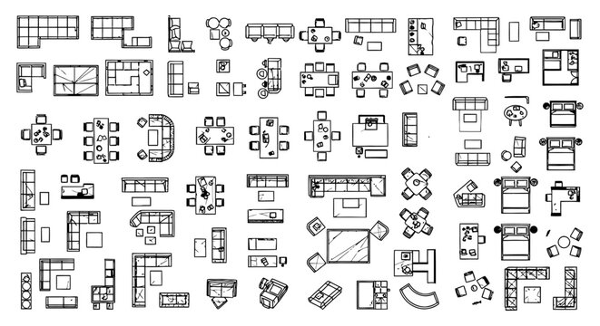 Comprehensive Architectural Furniture CAD Block Library for Interior Design Floor Plans, featuring Sofa and Couch Vector Icons, autocad 2d Technical Blueprints isolated