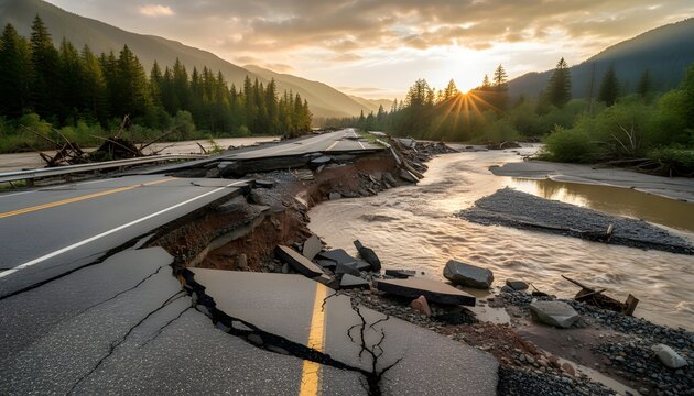Damaged road washed out by flood in mountain landscape with sunset representing infrastructure destruction concept for climate change and natural disaster awareness