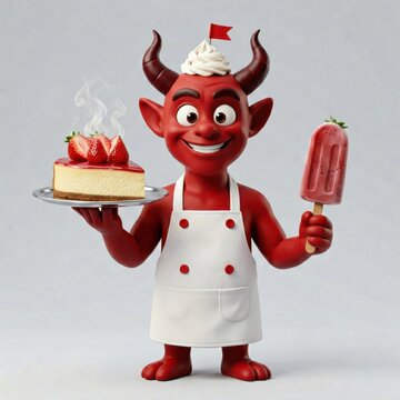 Red Devil Chef Presenting Strawberry Cheesecake and Popsicle