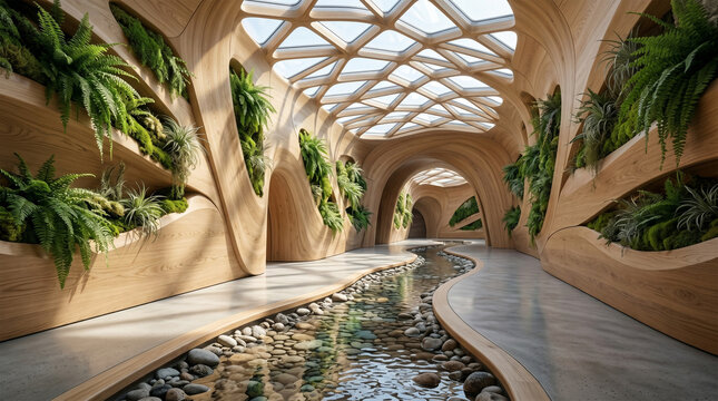 Futuristic Biophilic Architecture: Sustainable Interior with Light Oak Wood Curved Walls, Vertical Fern Gardens and Indoor Stream under Bright Parametric Skylight