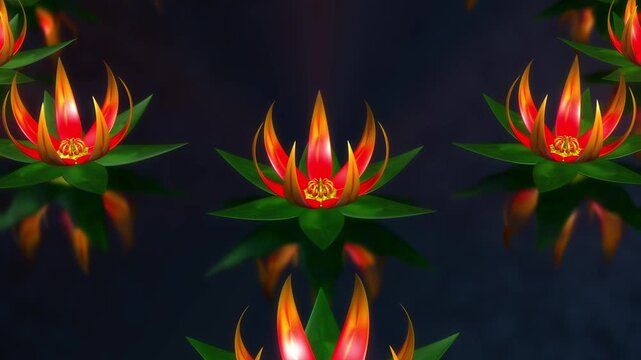 3D Glowing Colourful Flowers Floating With Reflections