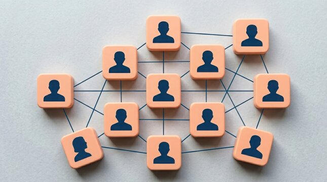 Connected people icons on cubes forming a network against a white background