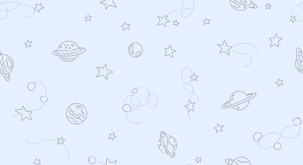 Minimalist Outline Space Elements Seamless Pattern on a Muted Light Blue Background © NOXY 