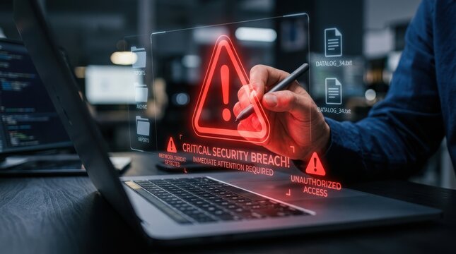 Cybersecurity expert analyzing critical security breach alert on holographic display with laptop screen