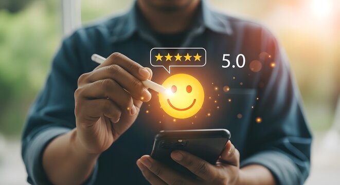 A person holding a smartphone displaying a glowing five star rating and a happy smiley face icon